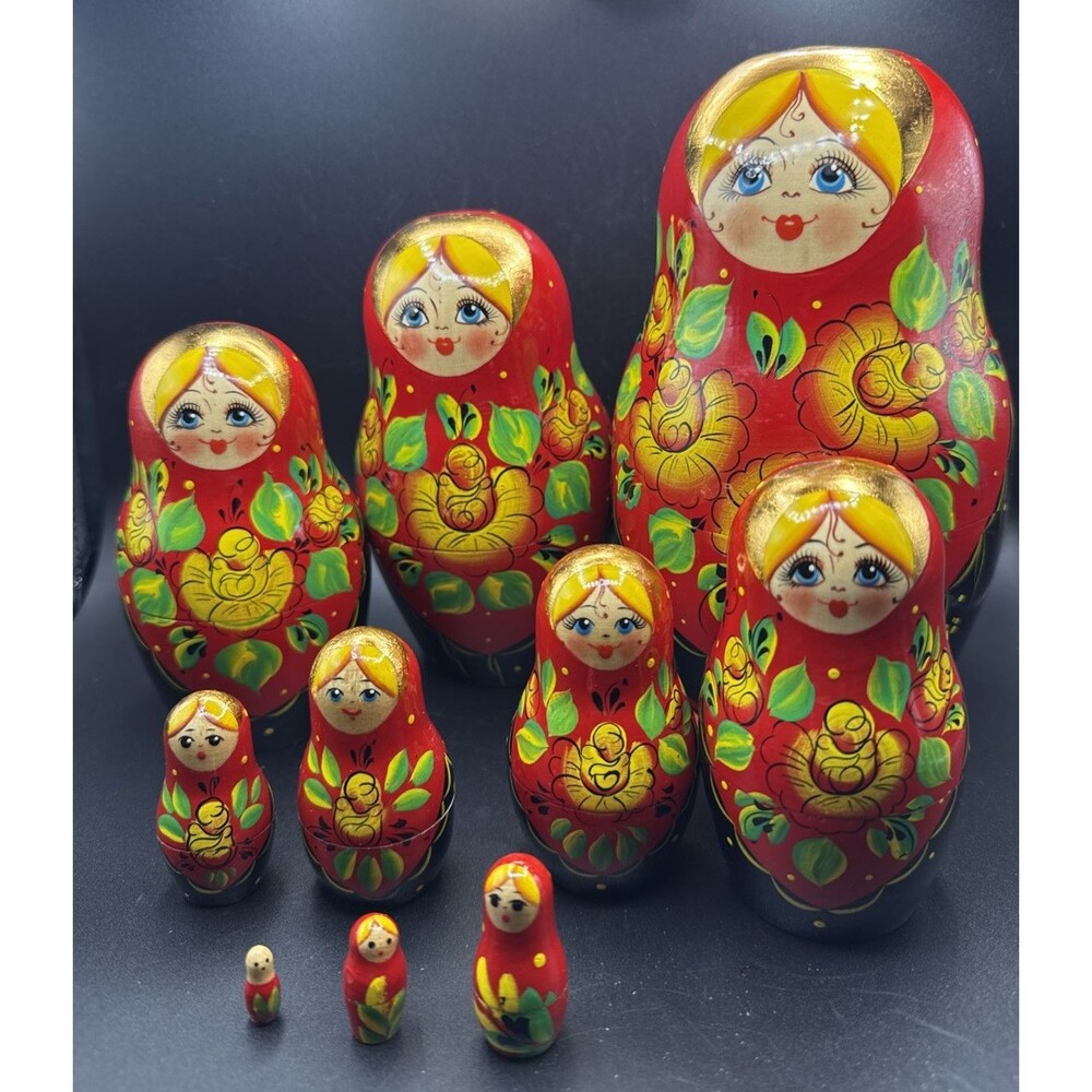 Russian Matryoshka Nesting Dolls Set of 10 Hand-Painted Red Floral Design Wood